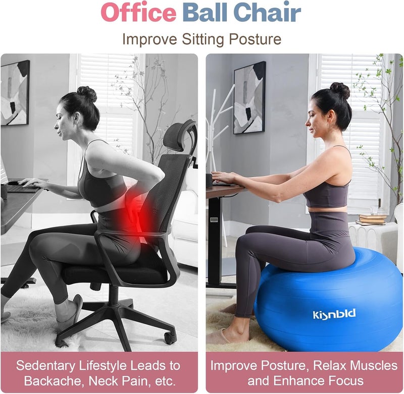 kisnbld Exercise Ball, Extra Thick Yoga Ball for Workout Pregnancy Stability, 4 Sizes Anti-Burst Balance Ball with Foot Pump - Heavy Duty Fitness Ball Chair for Office, Home & Gym - Image 3